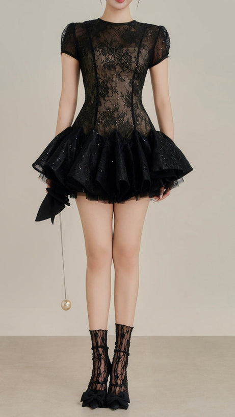 ABITO CORTO IN PIZZO CON PAILLETTES KELLY NERO