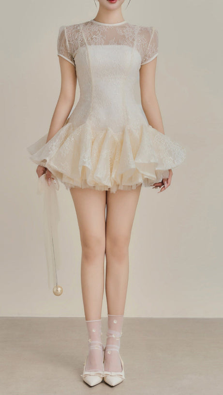 KELLY SEQUIN LACE PUFFY MINI DRESS IN WHITE