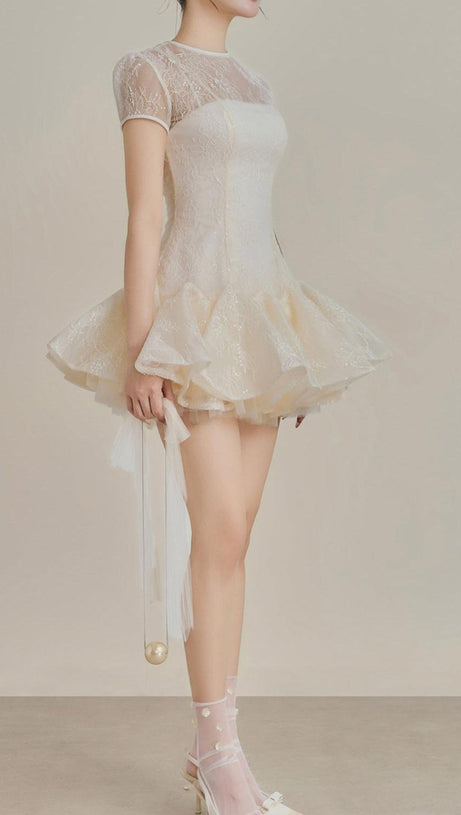 KELLY SEQUIN LACE PUFFY MINI DRESS IN WHITE