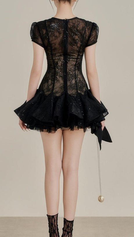 ABITO CORTO IN PIZZO CON PAILLETTES KELLY NERO