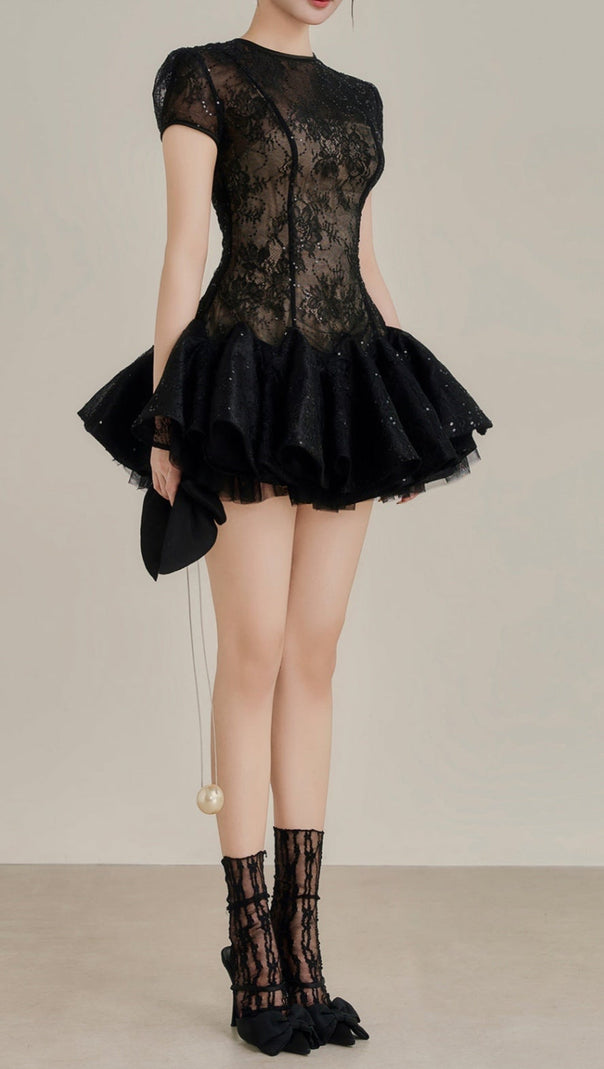 AIIZIE KELLY SEQUIN LACE PUFFY MINI DRESS IN BLACK - product image