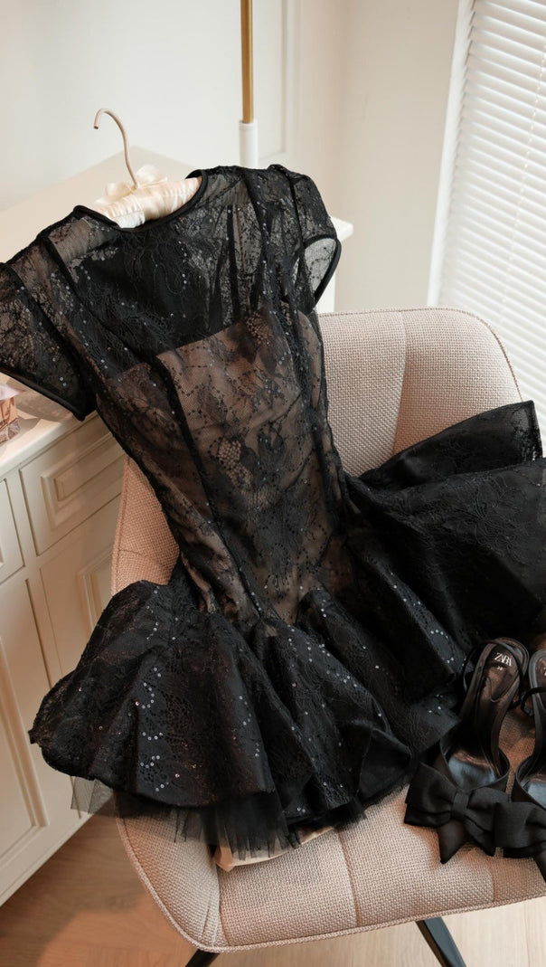 AIIZIE KELLY SEQUIN LACE PUFFY MINI DRESS IN BLACK - product image