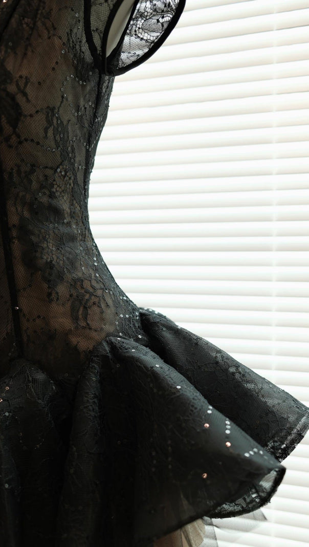 AIIZIE KELLY SEQUIN LACE PUFFY MINI DRESS IN BLACK - product image