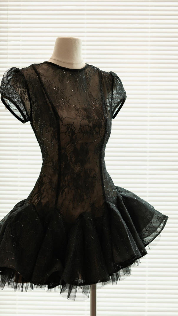 AIIZIE KELLY SEQUIN LACE PUFFY MINI DRESS IN BLACK - product image