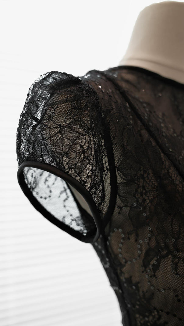 AIIZIE KELLY SEQUIN LACE PUFFY MINI DRESS IN BLACK - product image