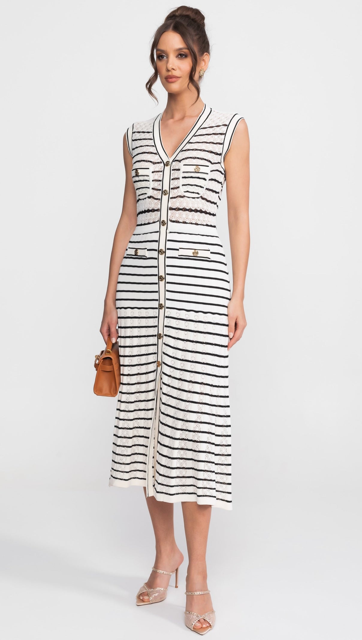 Striped Sleeveless Knit Midi Dress With V-Neck And Gold Buttons - White/Black