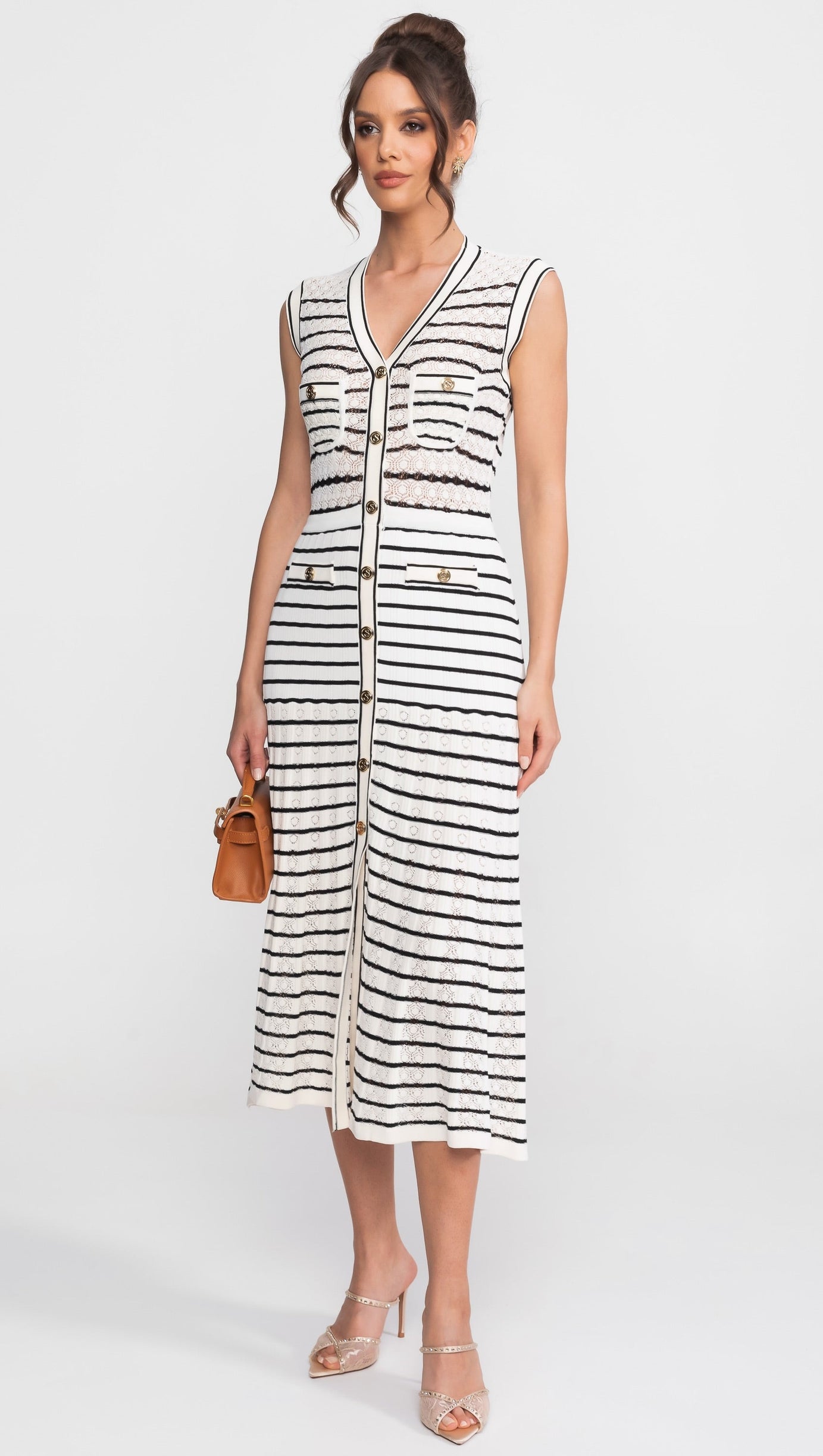 Striped Sleeveless Knit Midi Dress With V-Neck And Gold Buttons - White/Black