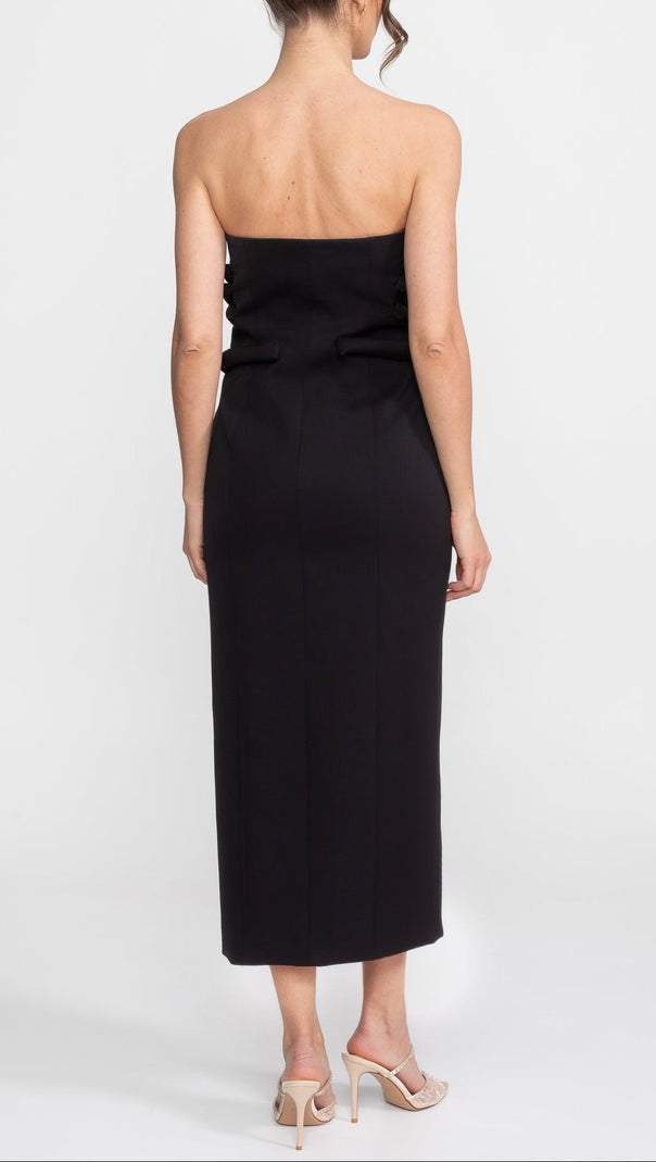 Black Midi Dress With Sculptural Knotted Bodice Detail And Jewel Buttons - Black