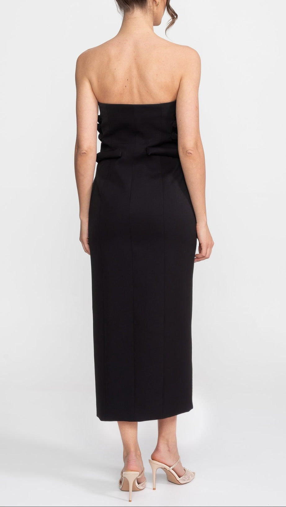 Black Midi Dress With Sculptural Knotted Bodice Detail And Jewel Buttons - Black