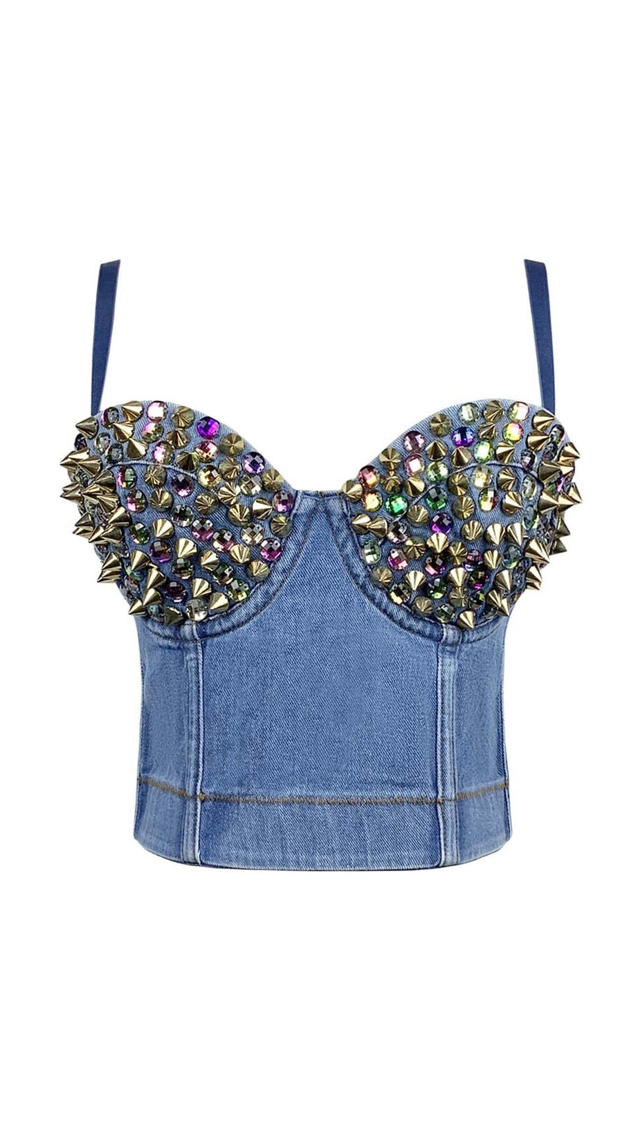 DENIM CRYSTAL CROPPED TOP IN BLUE