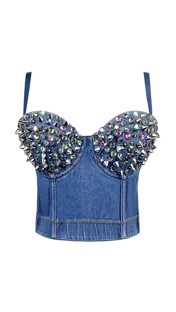Denim Crystal Cropped Top in Blue