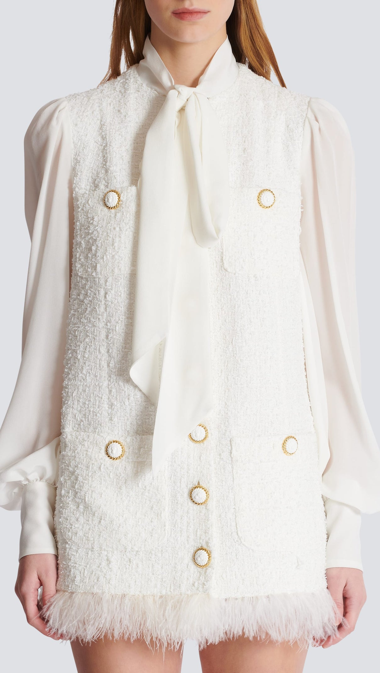 AIIZIE TWEED MINI DRESS WITH PUSSY-BOW COLLAR IN WHITE - product image
