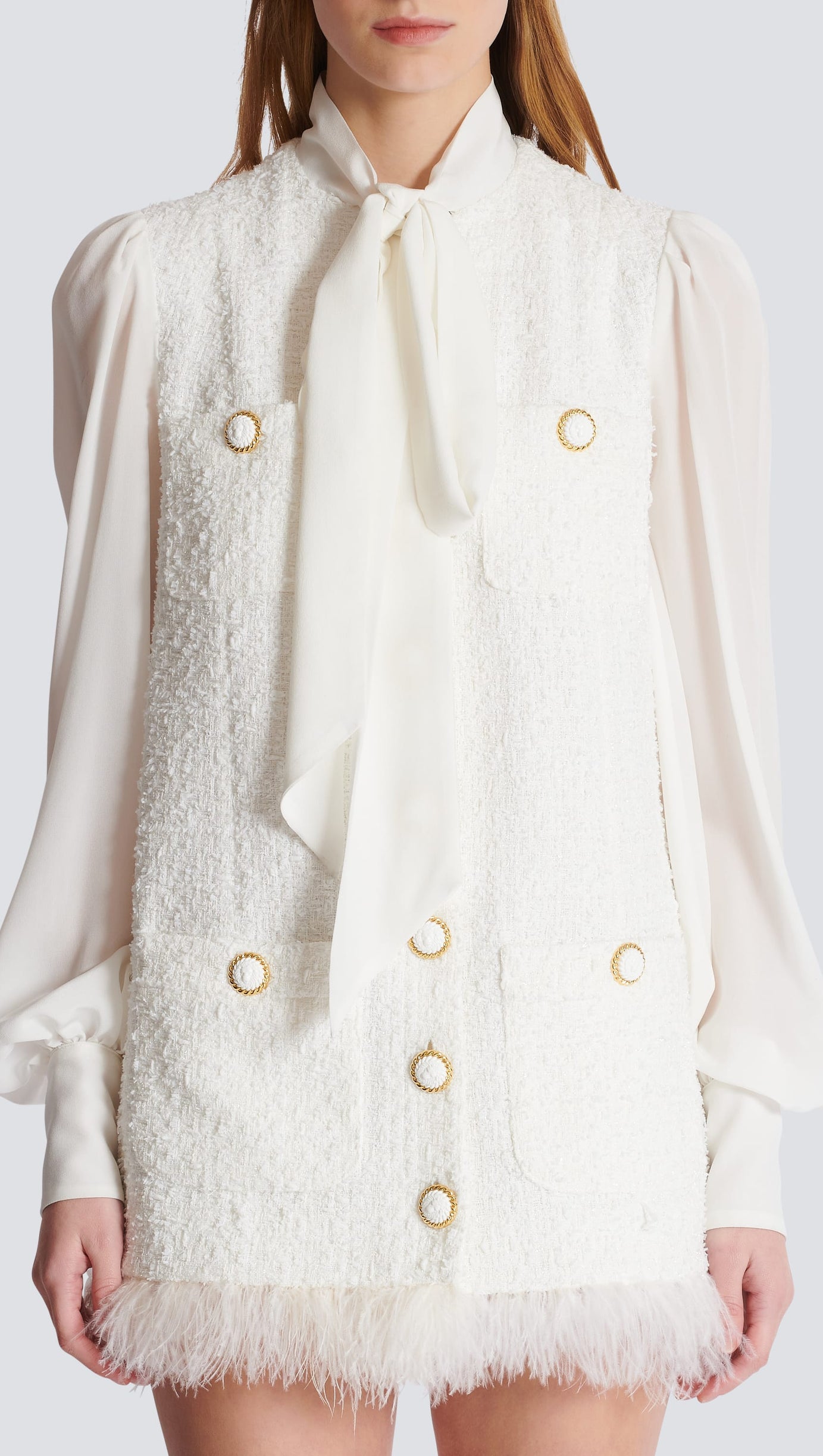 TWEED MINI DRESS WITH PUSSY-BOW COLLAR IN WHITE