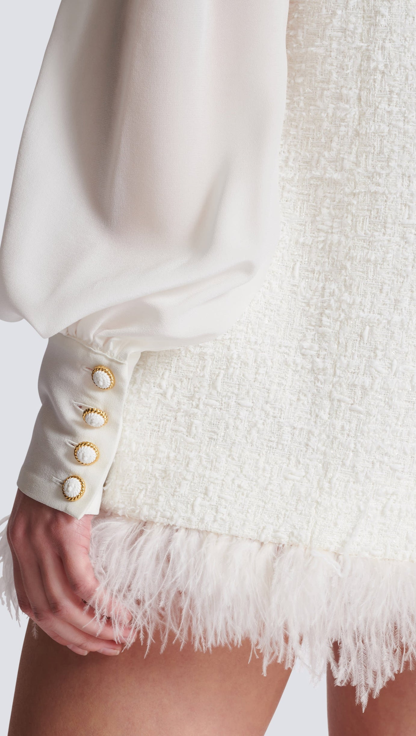 TWEED MINI DRESS WITH PUSSY-BOW COLLAR IN WHITE