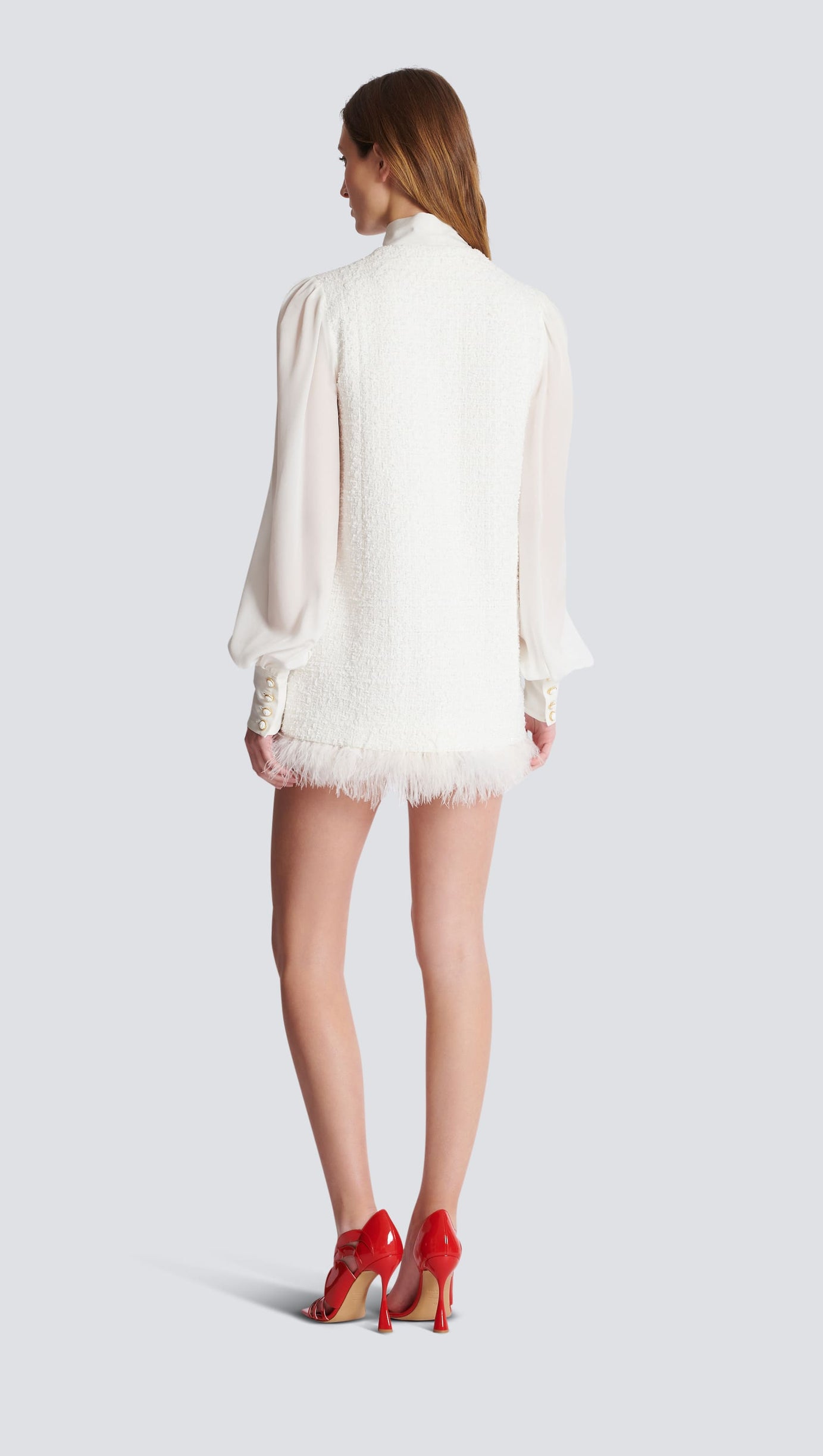 TWEED MINI DRESS WITH PUSSY-BOW COLLAR IN WHITE