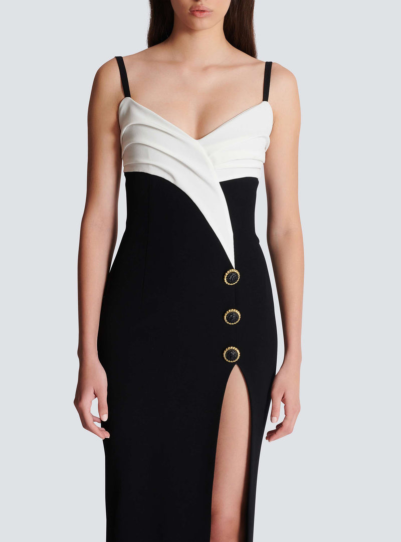 Two-tone crepe maxi dress with leg slit