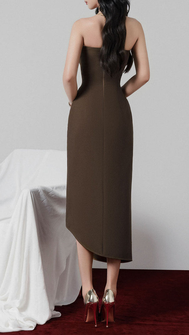 AIIZIE ADELAIDE STRAPLESS ASYMMETRIC MIDI DRESS IN BROWN - product image