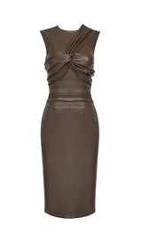 DRAPED LEATHER PU MIDI DRESS IN BEIGE