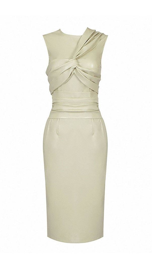 Draped Leather Pu Midi Dress in Beige