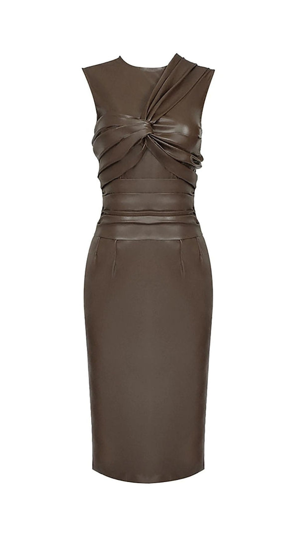 Drapiertes Leder-Pu-Midikleid in Braun
