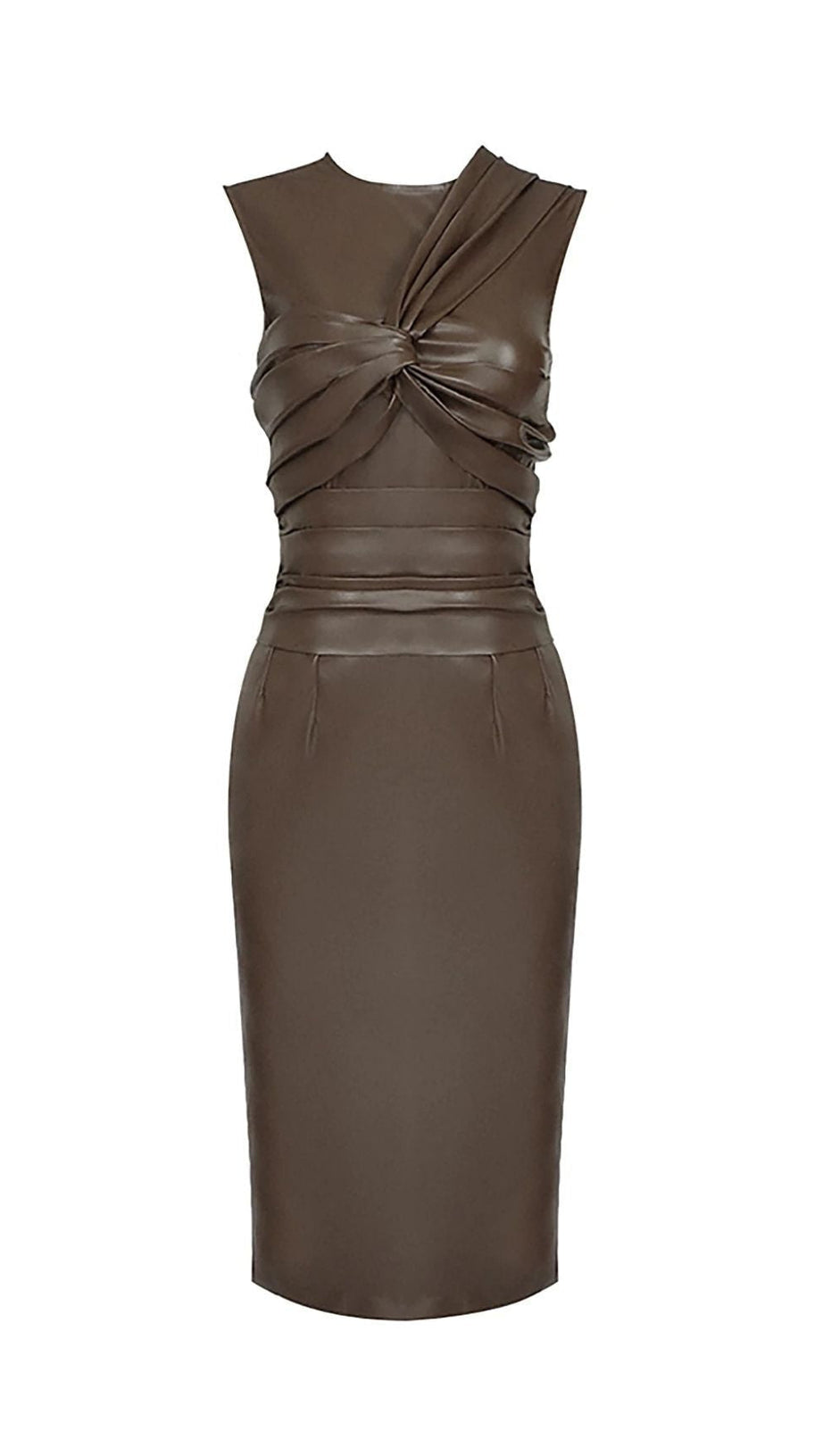 DRAPED LEATHER PU MIDI DRESS IN BROWN