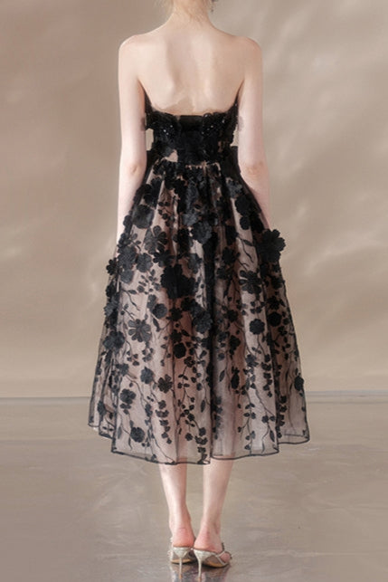 ANNA CRYSTAL FLORAL EMBROIDERY MIDI DRESS IN BLACK