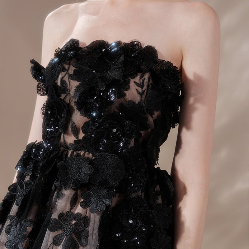 ANNA CRYSTAL FLORAL EMBROIDERY MIDI DRESS IN BLACK