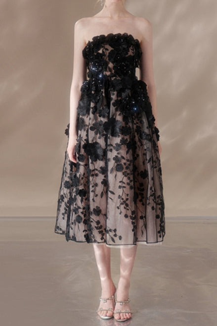 ANNA CRYSTAL FLORAL EMBROIDERY MIDI DRESS IN BLACK