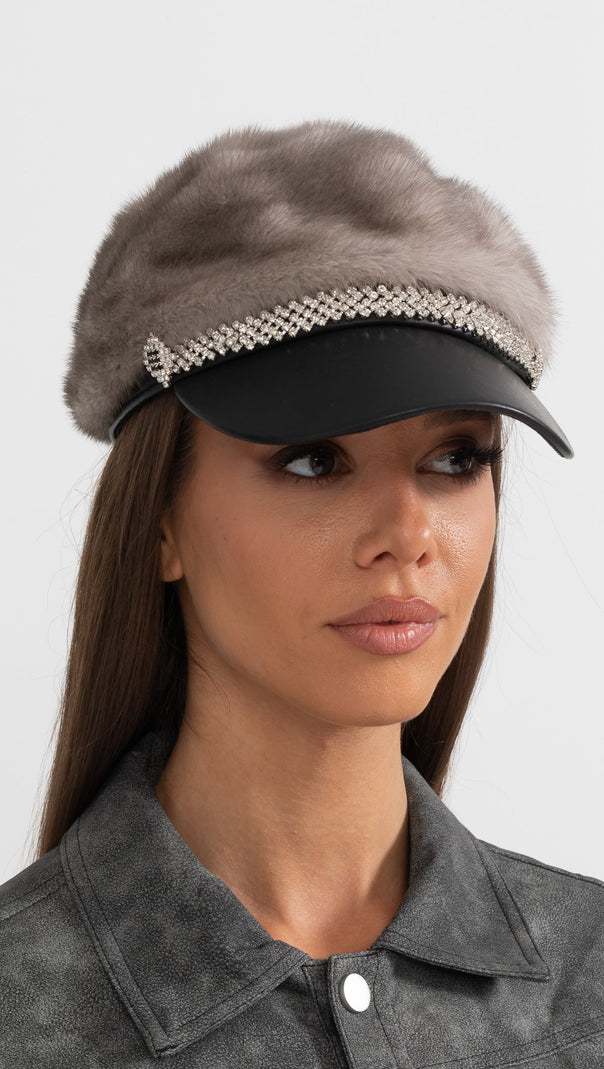 Mink Fur Hat With Leather Visor - Gray