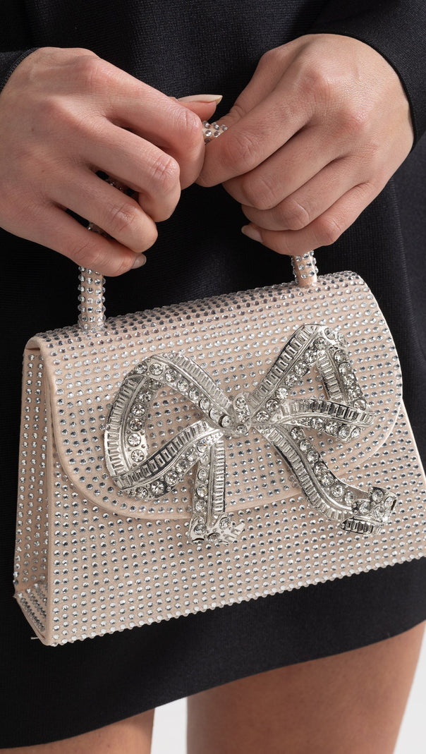 Sparkling Rhinestone Clutch With Decorative Metallic Bow - Champagne