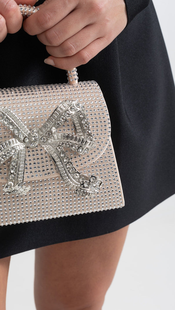 Sparkling Rhinestone Clutch With Decorative Metallic Bow - Champagne