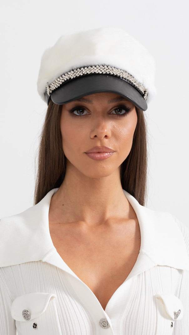 Mink Fur Hat With Leather Visor - White