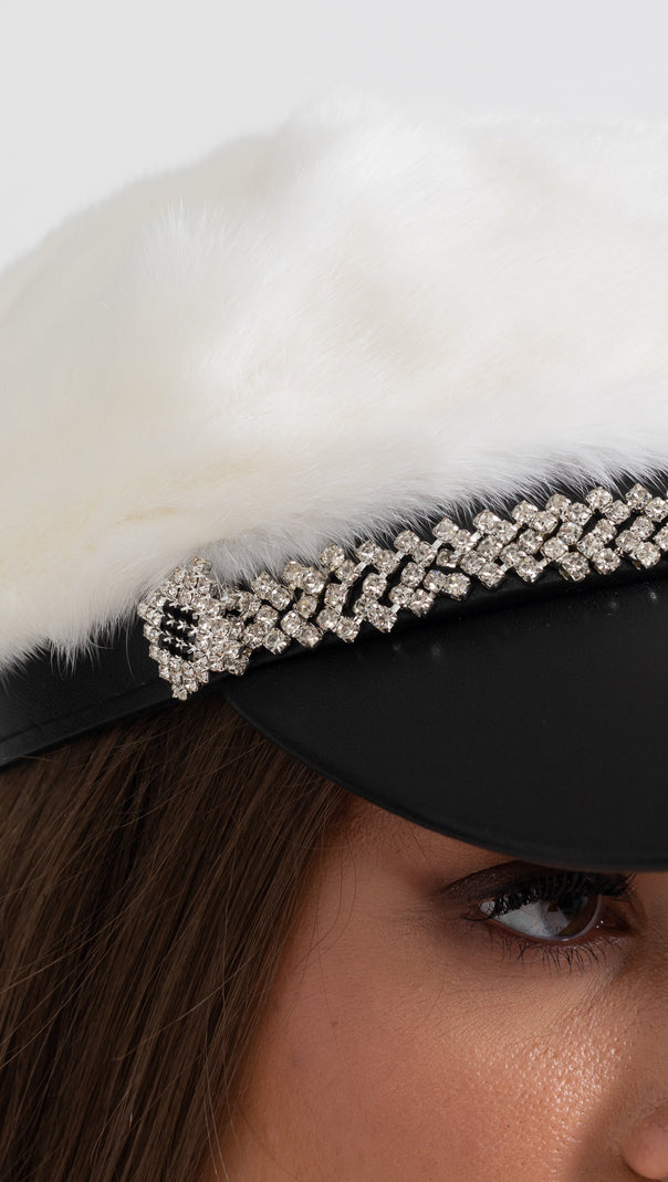 Mink Fur Hat With Leather Visor - White