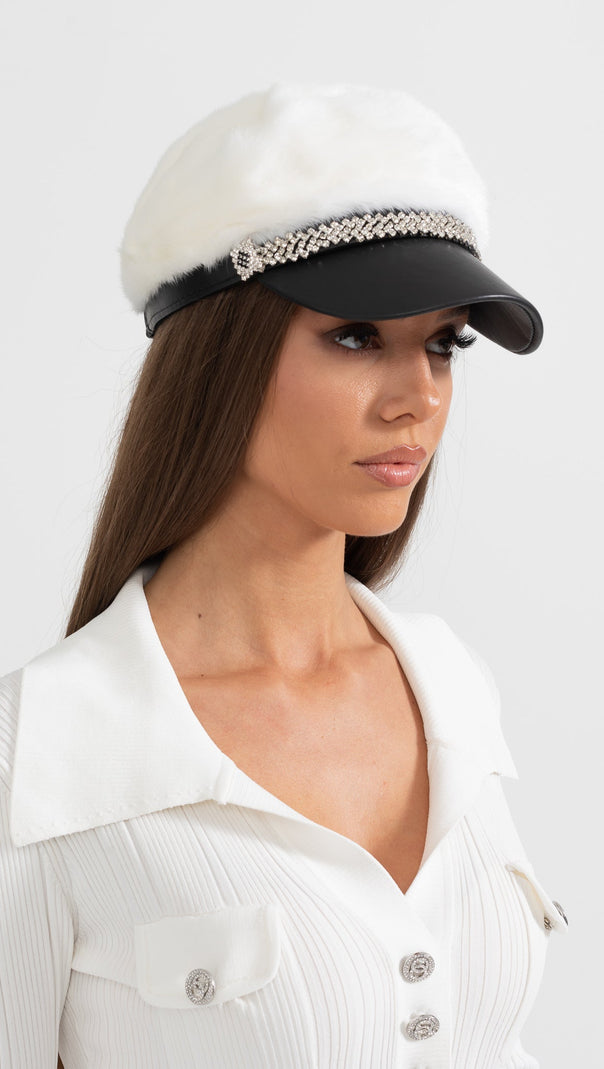 Mink Fur Hat With Leather Visor - White
