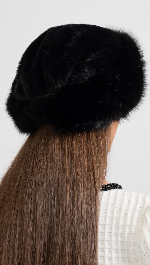 Furry Hat With Wide Brim - Black