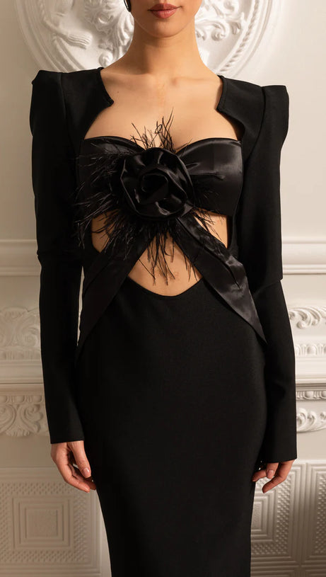 XANTHE FLORAL EMBELLISHED CUTOUT MAXI DRESS IN BLACK