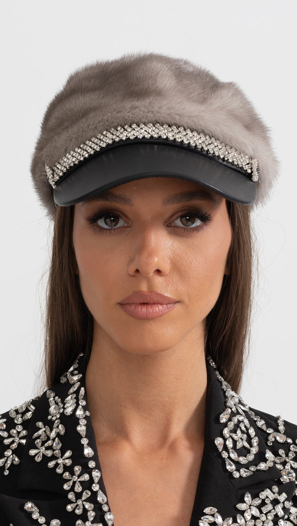 Mink Fur Hat With Leather Visor - Gray