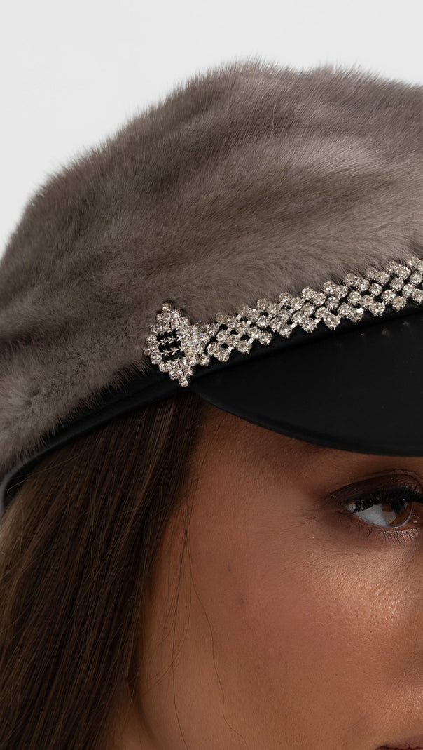 Mink Fur Hat With Leather Visor - Gray
