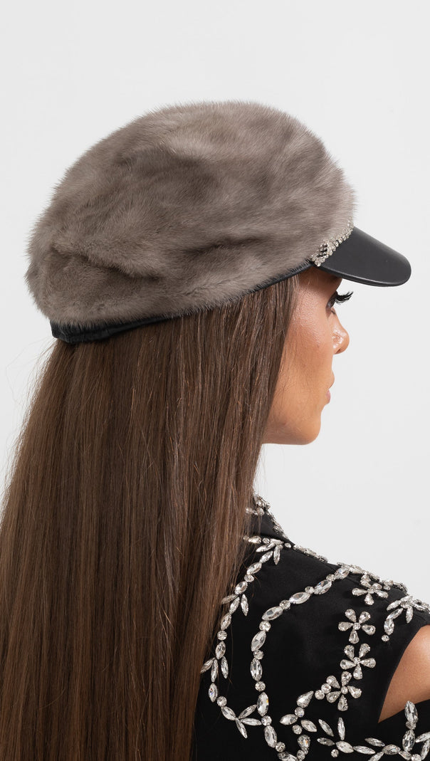 Mink Fur Hat With Leather Visor - Gray