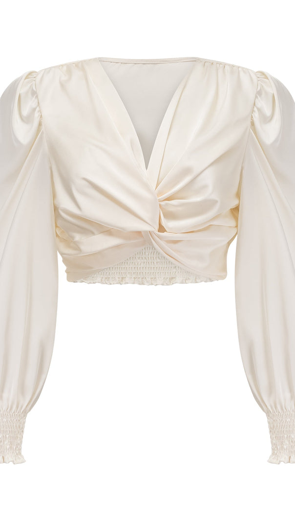 AIIZIE NOURIA WHITE FAUX-FLOWER TWIST CROPPED TOP - product image