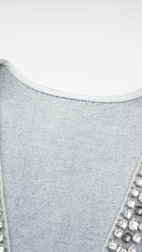 MINI ABITO IN DENIM SENZA MANICHE CON CRISTALLI BLU DAPHNÉ