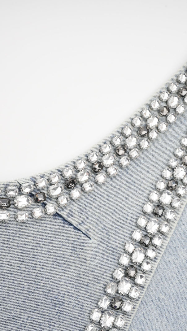 MINI ABITO IN DENIM SENZA MANICHE CON CRISTALLI BLU DAPHNÉ