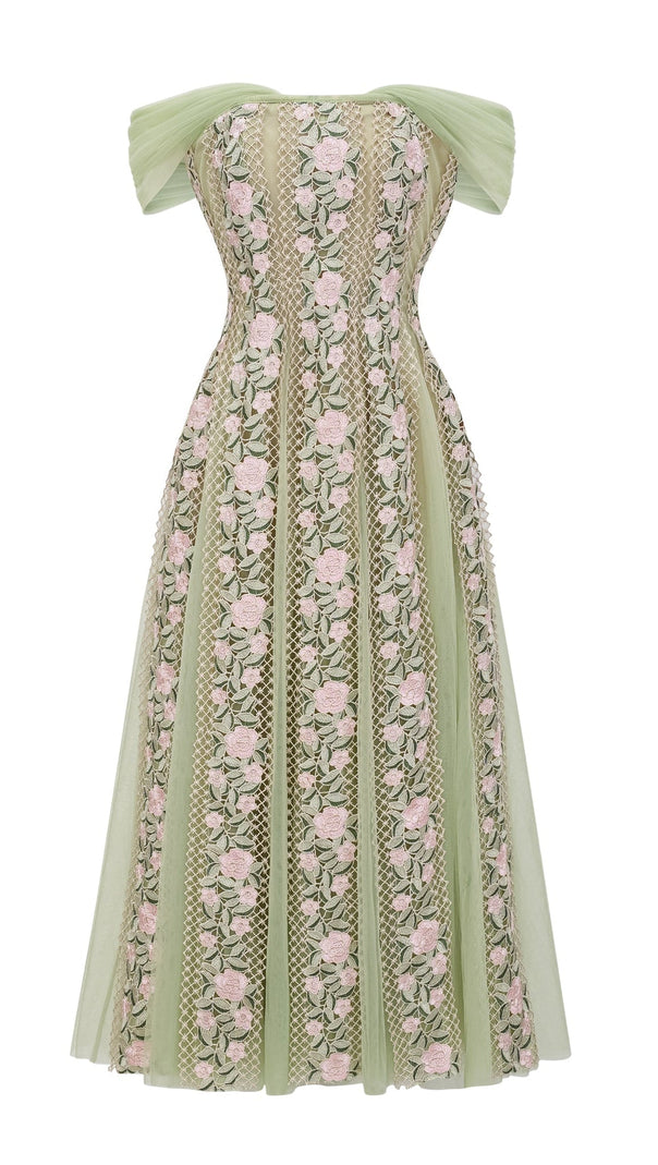 AIIZIE octavia Tulle Panel Floral Midi Dress in green - product image