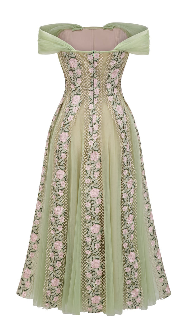 octavia Tulle Panel Floral Midi Dress in green