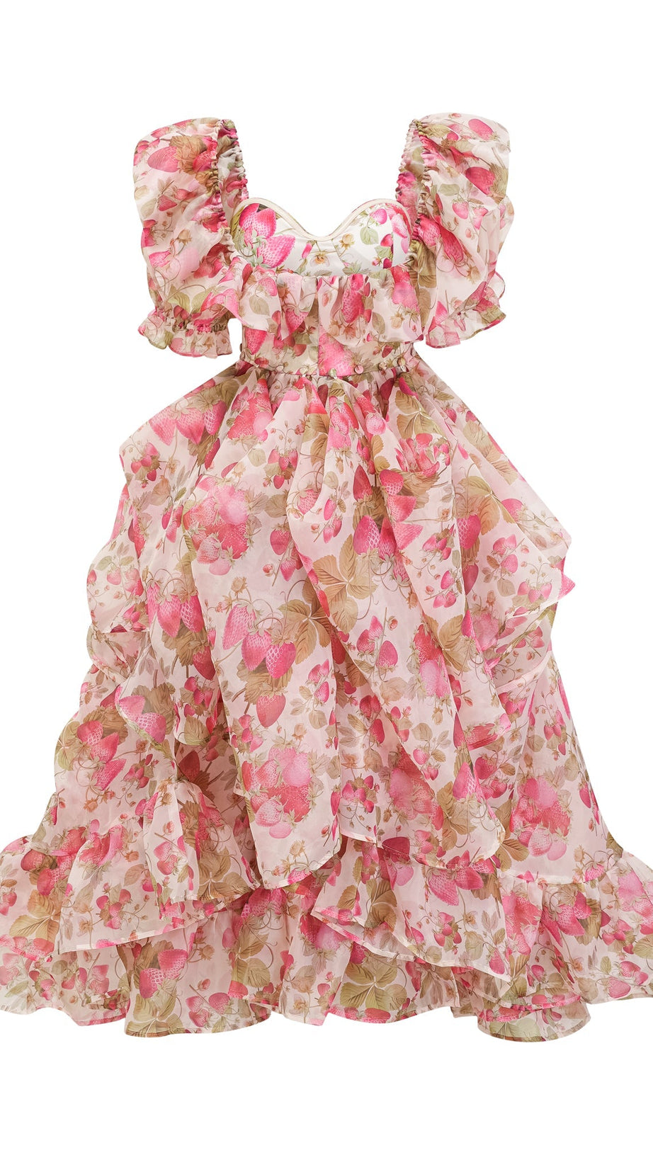 FRUIT-PRINT RUFFLED MAXI DRESS IN PINK