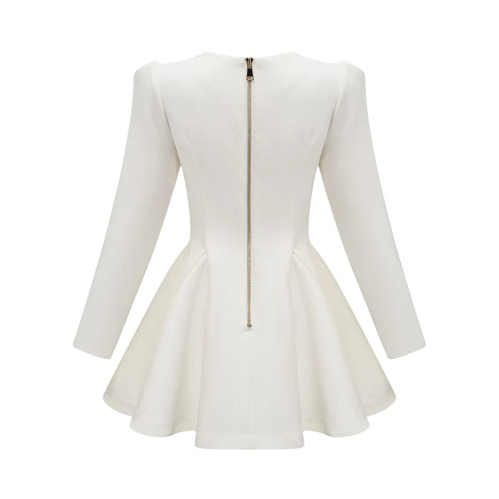 GOLD-BUTTON PLEATED PEPLUM-HEM WHITE  BLAZER DRESS