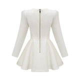 gold-button pleated peplum-hem white  blazer dress