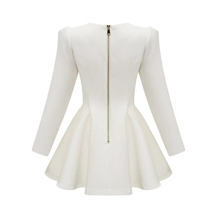 gold-button pleated peplum-hem white  blazer dress