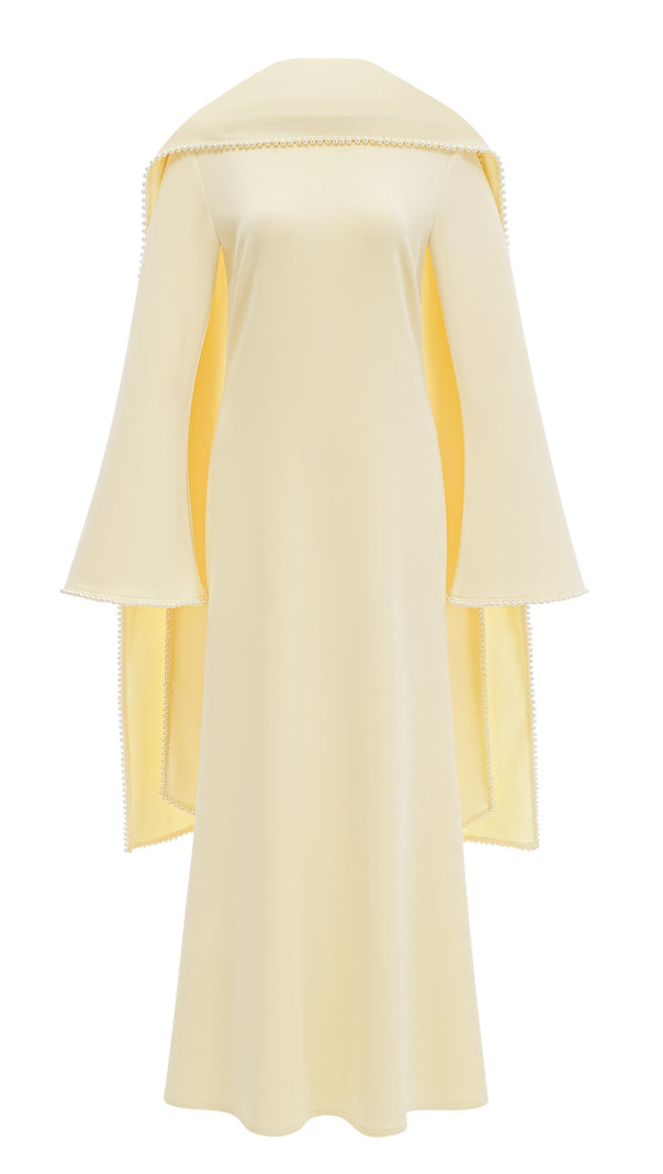 murray Yellow Pearl Trim Shawl Detail Maxi Dress