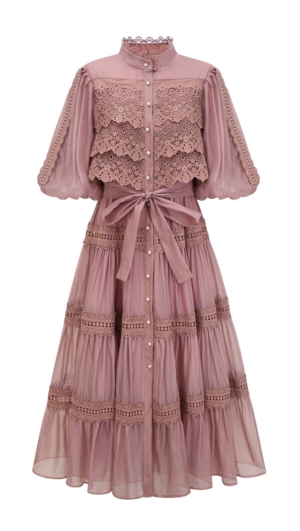 AIIZIE INÈS LACE CUT-OUT TIERED MIDI DRESS - product image